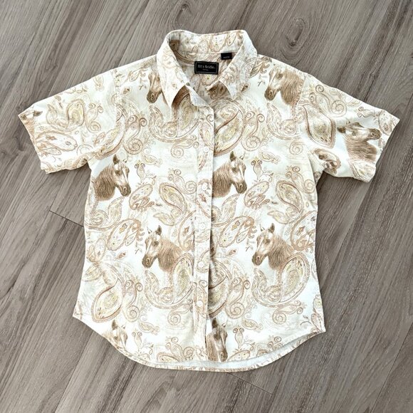 Bit & Bridle Horse Print Button Up Womens Medium Western Rustic Rodeo Equestrian - Picture 1 of 6